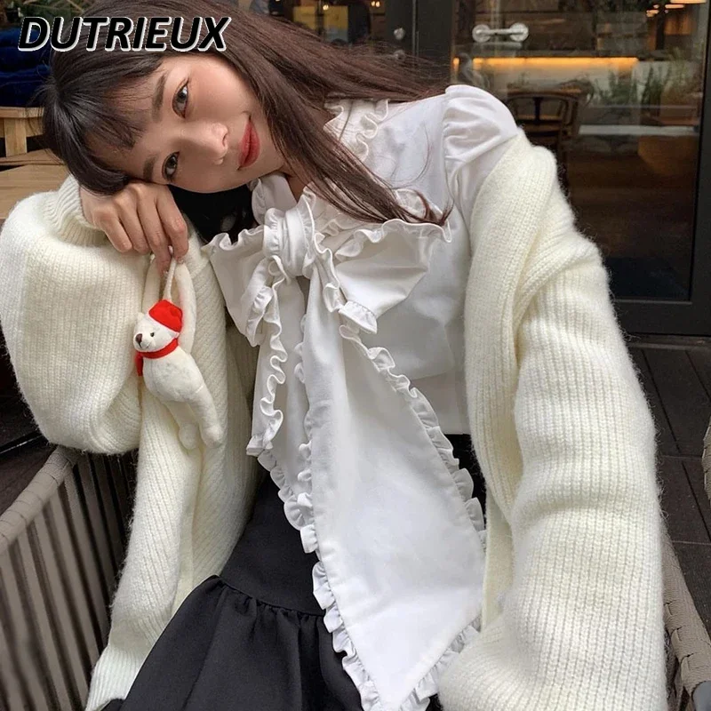 Japanese Style Retro Vintage French Big White Bow Tied Women's Casual Shirt Waist Sweet Cute Ruffle Long Sleeve Top Female