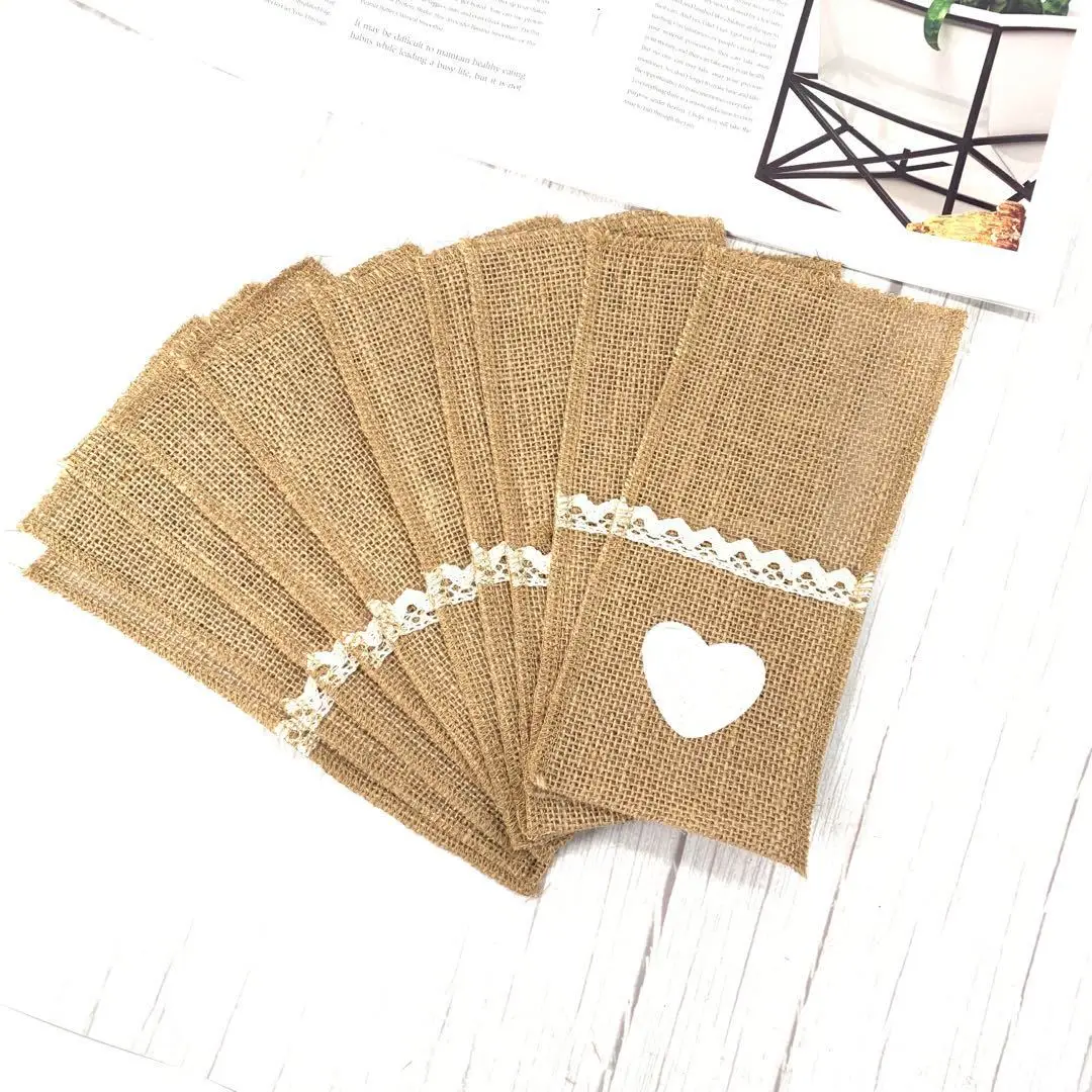 10 Items Pocket Tablecloths for Cutlery in Rubber Lace, Knife Bag, Forks, Utensils, Rustic Cutlery Holder Vintage view 3
