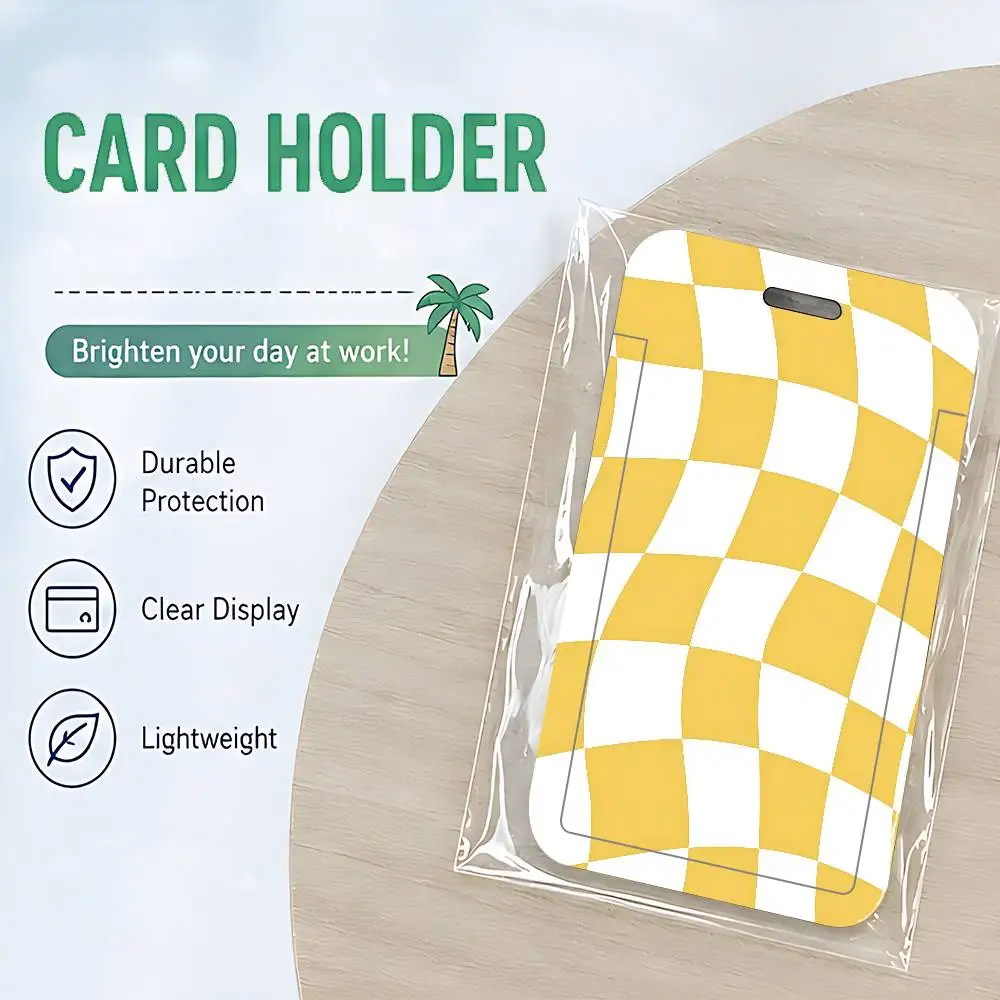 Checkered Pattern ID Card Holder Cute Badge Holder PVC Card Cover With Clear Window For Student Office Bus Card