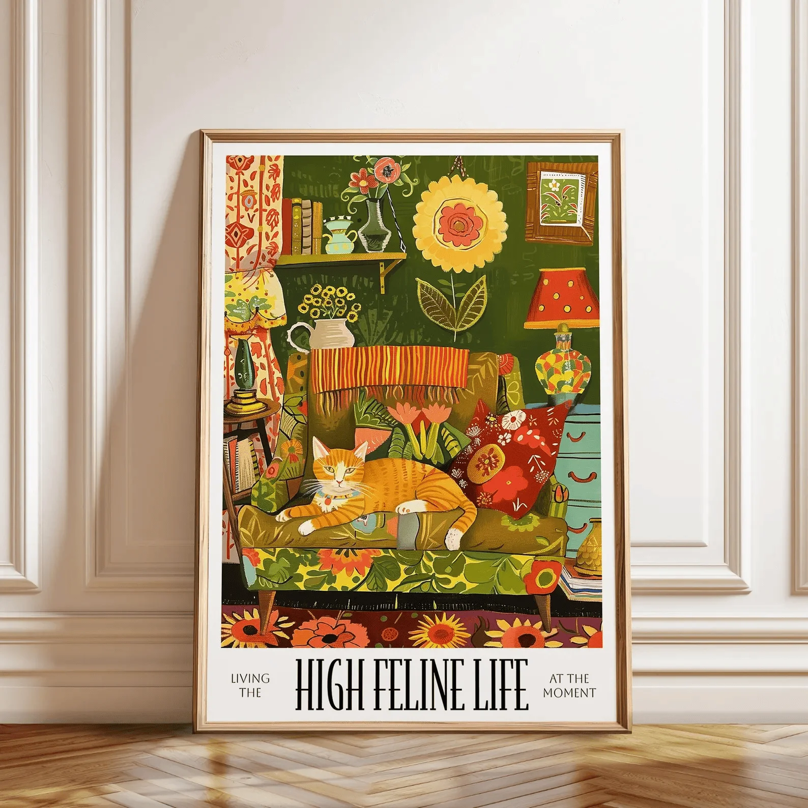 Orange Cat Lounge Wandkunst – Retro Floral Cozy Home Kunstdruck – Verspielte Wohnzimmer-Wandkunst – Leinwanddruck