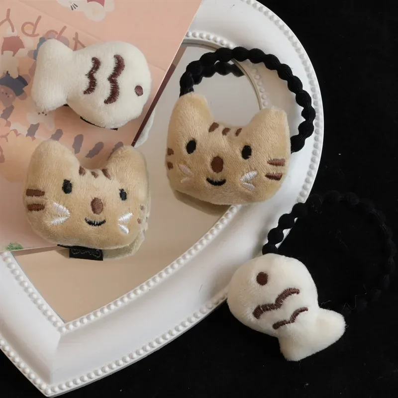 Kawaii Little Cat and Fish Plush Toy Cute Creative School Bag Hanger  Friend Couple Gift Hair Tie Kawaii Barrette