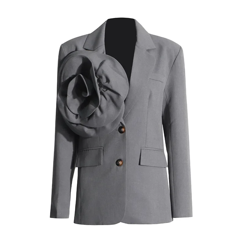 Super aen eleganten Stil Top Herbst neue Mode drei dimensionale Blume V-Ausschnitt grau lose Blazer Jacke