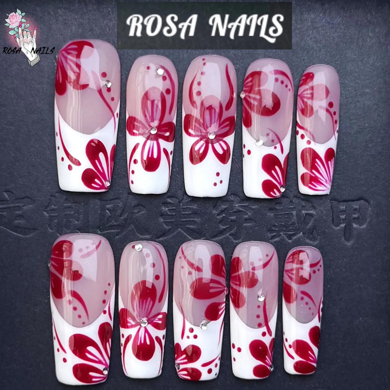 

10 шт., набор для ногтей с белым французским кончиком, цветок Y2k, готические стили, ручная роспись, красные цветы, дизайн ногтей Y2k, длинные квадратные акриловые ногти