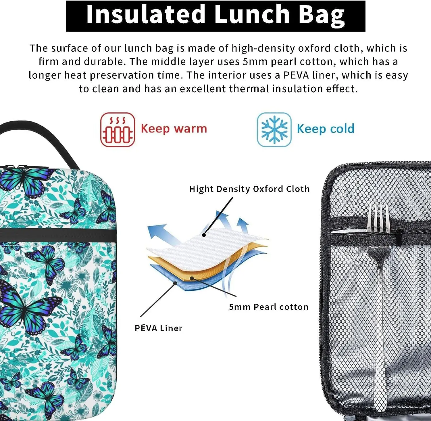 Borsa da pranzo isolata con farfalla e fiori blu per borsa da viaggio da ufficio per donna e uomo taglia unica per Picnic Shcool