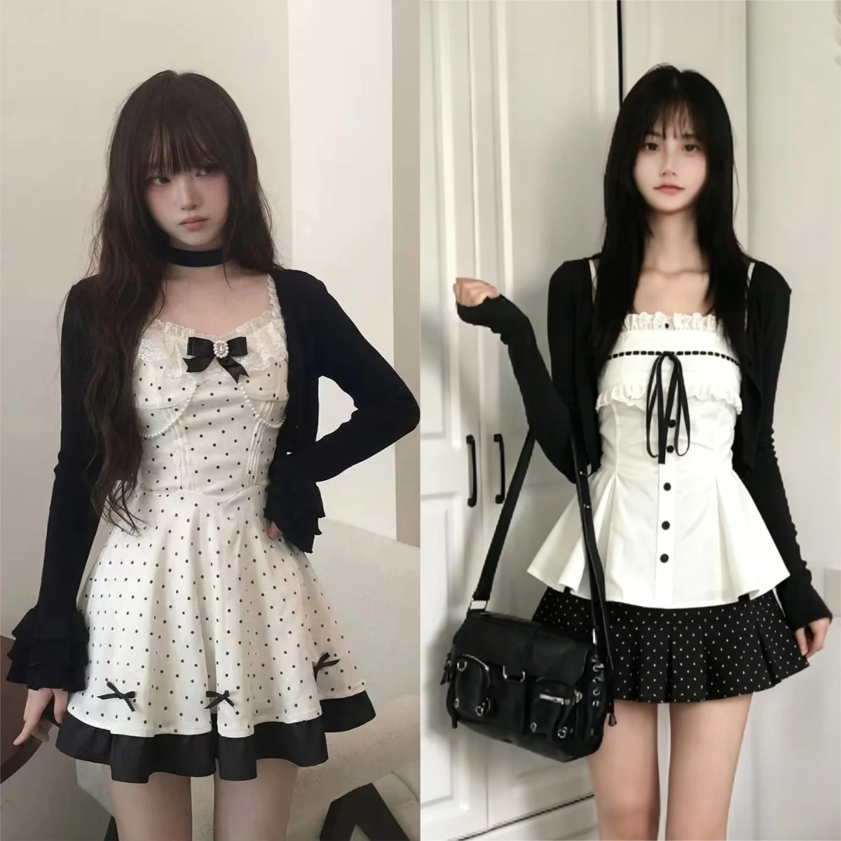 Harajuku Y2K Süßes 3-Teiliges Set: Polka-Dot Ärmellose Weste, Kurze Strickjacke, Damen Slim A-Linien-Rock, Casual Streetwear für den Alltag und Partys