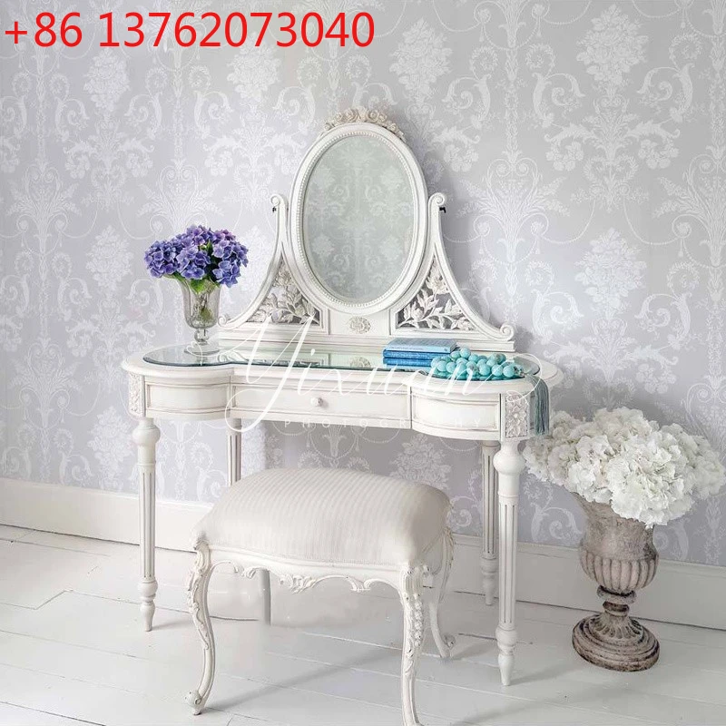 

Curved American solid wood carving flower small apartment bedroom makeup table dressing stool