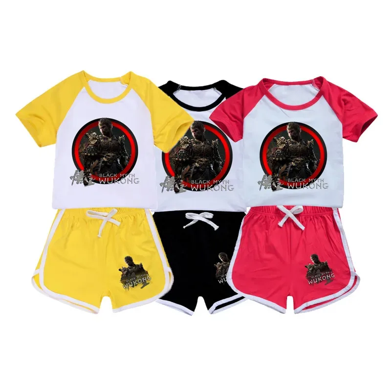 111 www لعبة جديدة الأسود أسطورة Wukong طباعة الاطفال زي طفل الفتيان ملابس مريحة هدية عيد ميلاد تي شيرت + السراويل 2 قطعة الدعاوى ل