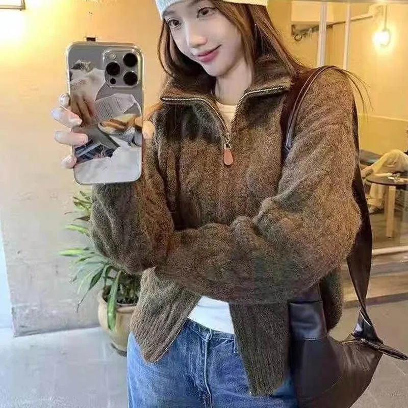 Atmosfera retrò pigra, cardigan lavorato a maglia da donna con doppia cerniera, ampio e sottile in autunno, dolce top corto a maniche lunghe 12