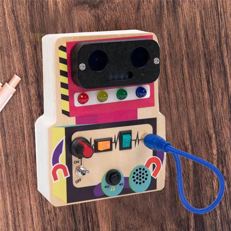 AS96-1 Robot dla dzieci Busy Board Montessori Drewniany z przełącznikiem światła LED Sterowanie sensoryczne Gry edukacyjne dla dzieci w wieku 2-4 lat