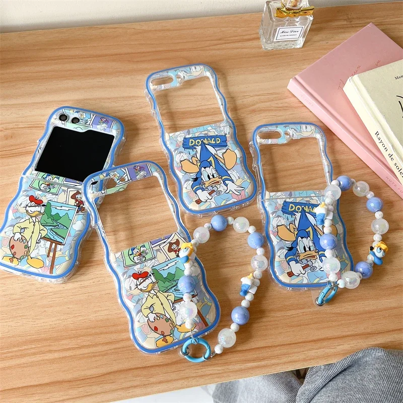 Cartoon Cute Disneys Donald Duck with Lanyard Phone Case for Samsung Galaxy Z Flip 3 4 5 5G PC Hard Anti-drop Back Cover Funda