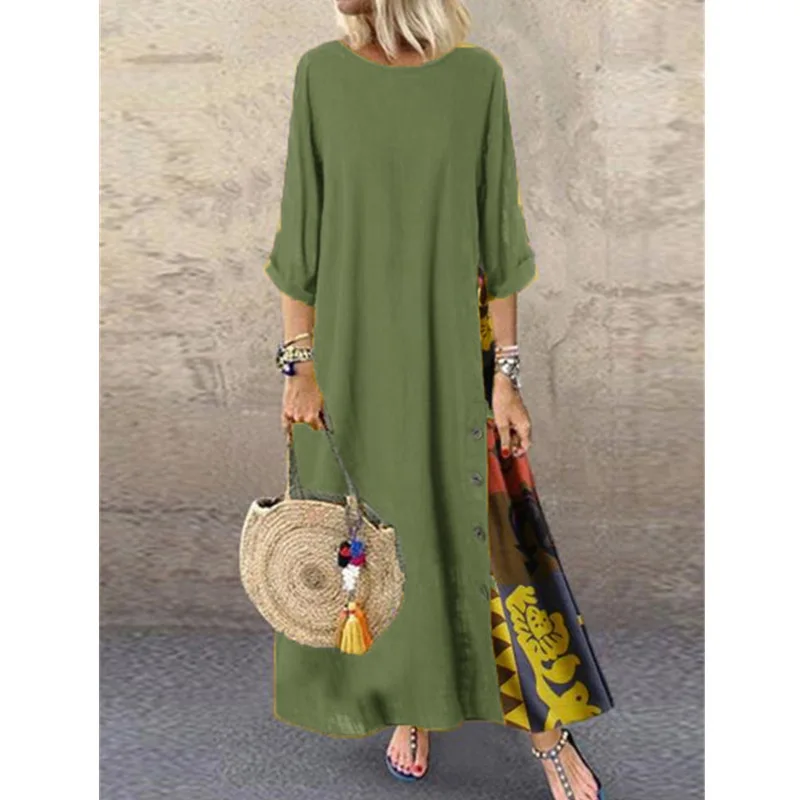 Women summer dress 2025 new floral round-neck color-blocking button patchwork three-quarter sleeves vestidoes clothing