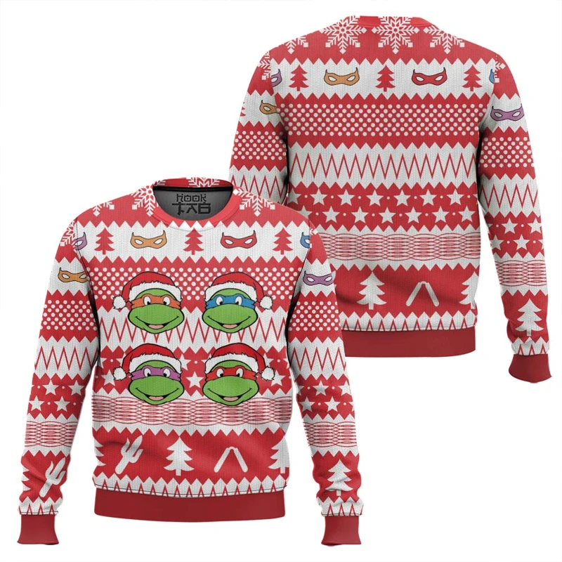 Turtle Leo Donnie Raph and Mikey Ugly Christmas Sweater Funny Holiday Party Pullover Plus Size Sweater for Men Women Xmas Gift