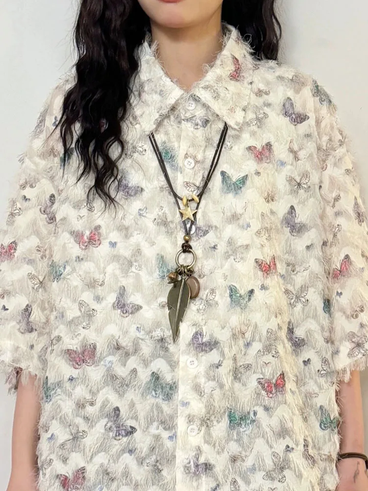 

Summer New Thin Style Chic Butterfly Print Female Shirts Vintage Street Sweet Tassels Fashion Single Breasted Loose Women Shirts