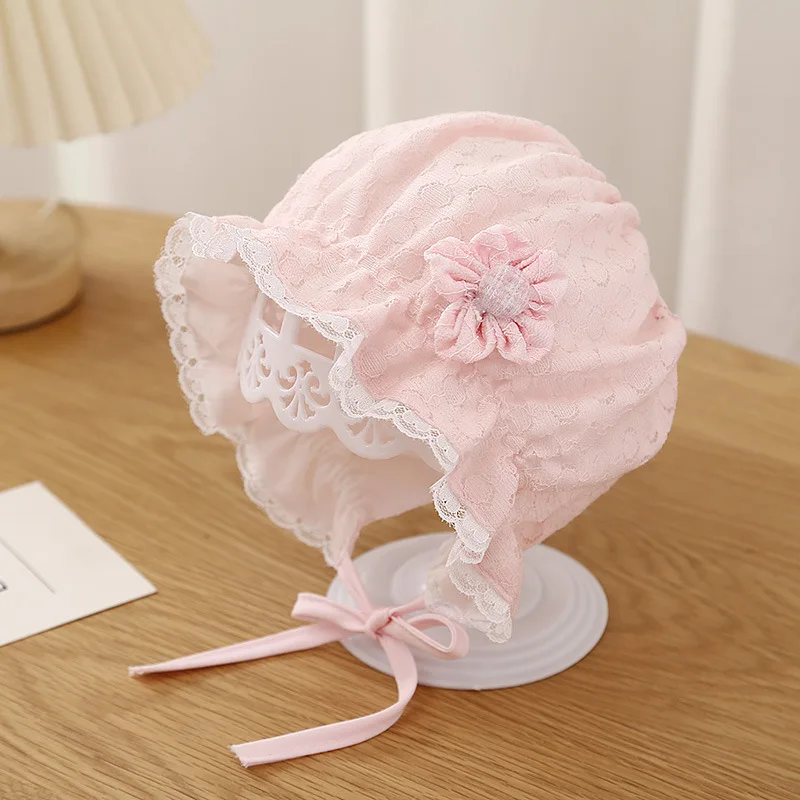 Lace Flower Newborn Baby Bonnet Hat Princess Girls Ruffle Lace Up Cap Summer Breathable Mesh Infant Toddler Sun Hat