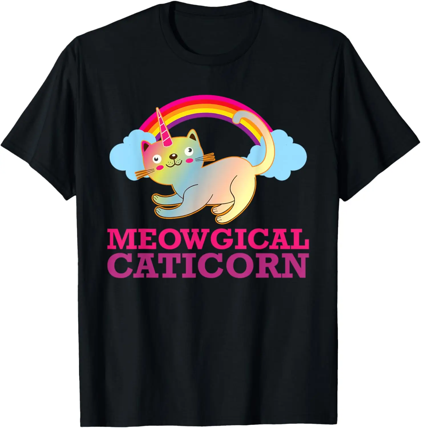 

Meowgical Caticorn Rainbow Cat Unicorn Graphic T-Shirt Casual Short Sleeve Men Tee