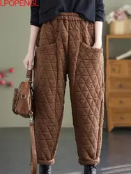 Vrouwen warme gewatteerde broek elastische taille losse effen kleur dikke broek 2024 herfst winter nieuwe vintage pocket casual harembroek