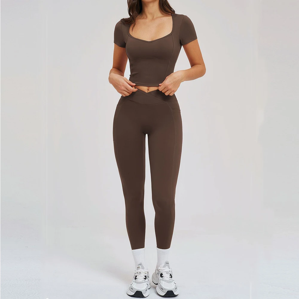 Yoga Set 2PCS Women Tracksuit Sportswear Workout Clothes Athletic Wear Gym Legging Fitness Crop Top Short Sleeves Sports Suits