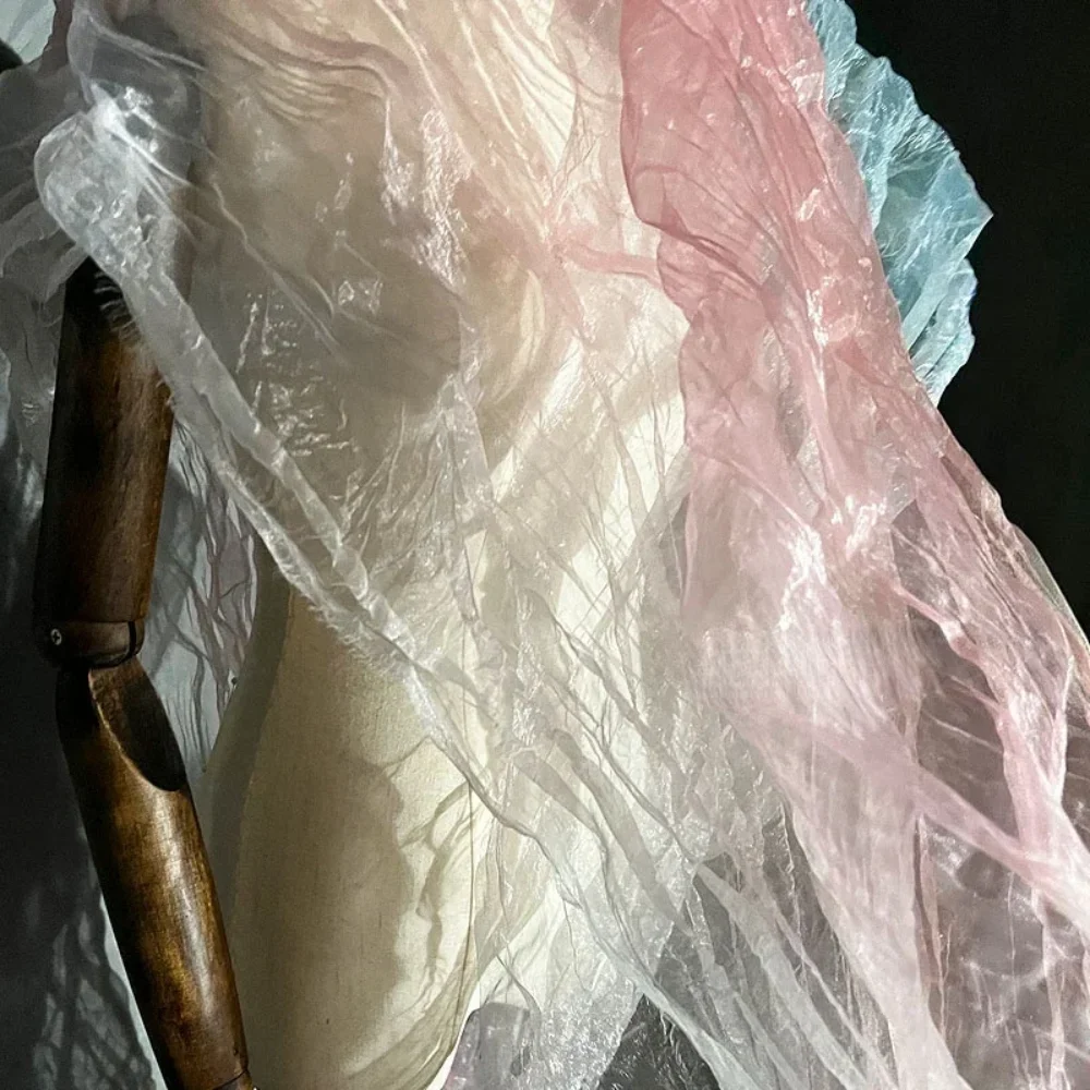 

Light Blue Pink Gloss Gauze Pleated Gradient Fabric for Wedding Background Decoration Cloth Apparel Diy Sewing Material