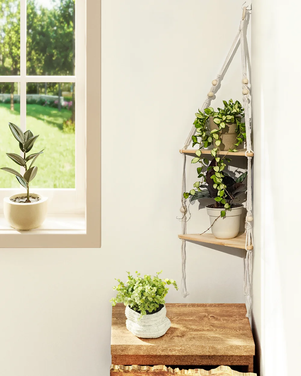 Bamworld ركن النبات الجرف داخلي جدار حامل النبات بوهو النبات حامل الخشب اليدوية المنسوجة حامل أرفف معلق ديكور غرفة المعيشة