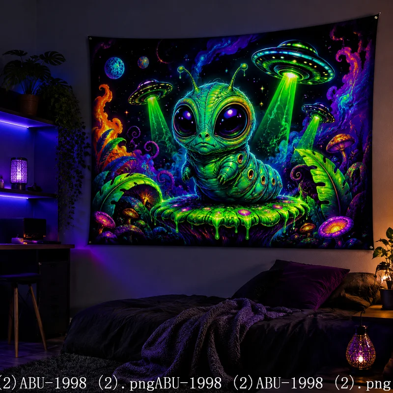 VIKAMA Trippy Alien UFO Tapestry Color Jungle Plant Galaxy Space Art Wall Hanging Teen Bedroom Dorm Aesthetic Decor Cloth