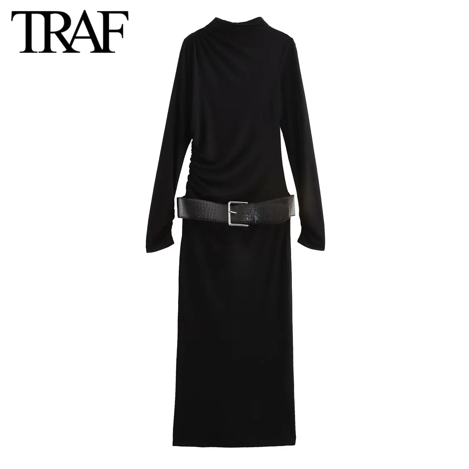 TRAF Women Fashion Autumn Winter Belt Folded Long Sleeve Stand Collar Back Zip Vintage Dress France Female Evening Dresses