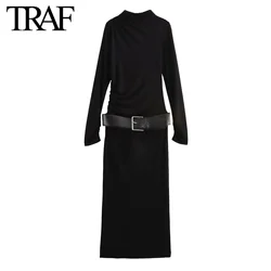 TRAF Women Fashion Autumn Winter Belt Folded Long Sleeve Stand Collar Back Zip Vintage Dress France Female Evening Dresses