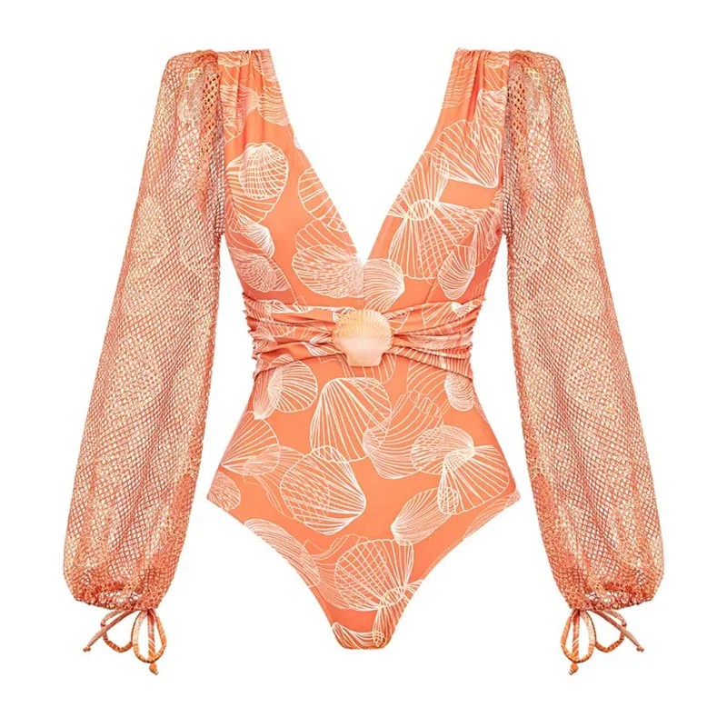 One-piece Women Swimwear Swimsuit Fashionable sexy swimsuits Beach Dress Style V-neck mesh Long-sleeve Shiny Shell Print