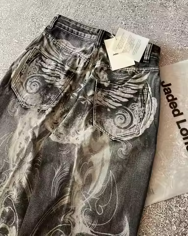 American Vintage New Fashion Hole Washing Printed Jeans Women Y2K Punk Hip Hop Popular Casual Joker High Waist Wide Leg Pants