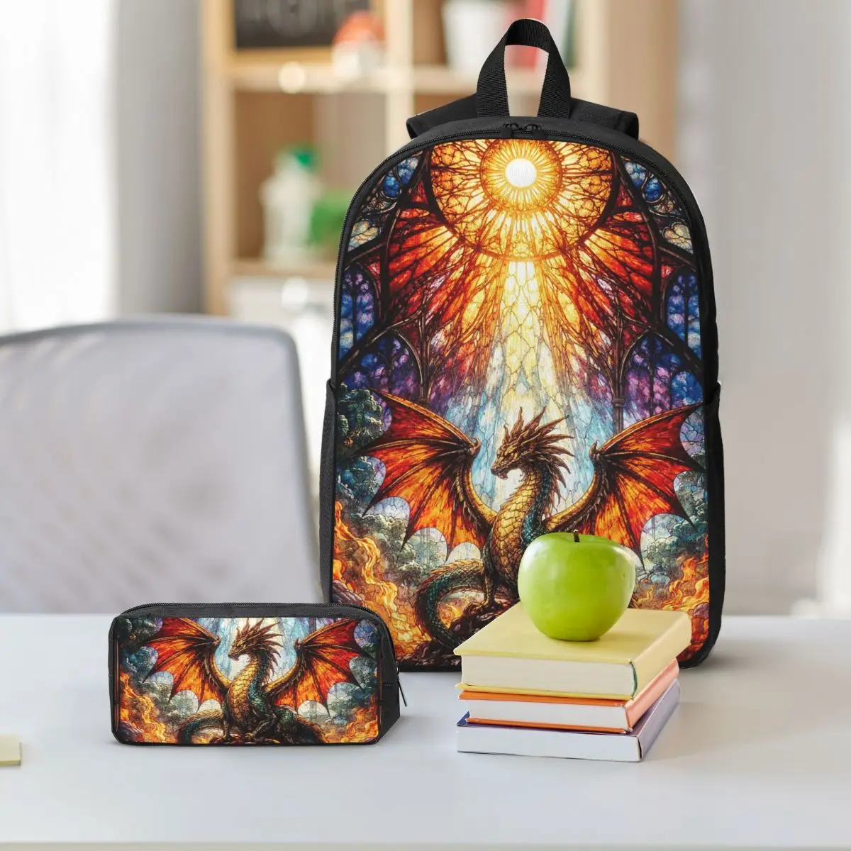 Vibrant Dragon Glass Art Backpack Student BookBag School Bag Shoulder Bags 3ps Insulated Lunch Bag Pencil Case