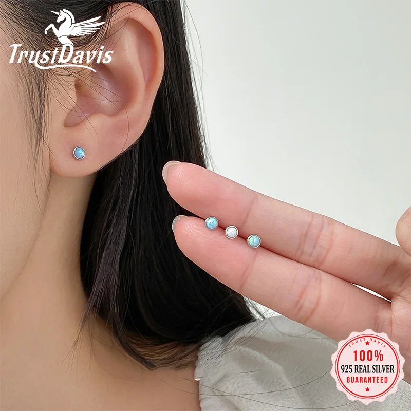 

TrustDavis 925 Sterling Silver Fashion and Simple Round Opal Stud Earrings for Women Girls Jewelry Gift DS4868