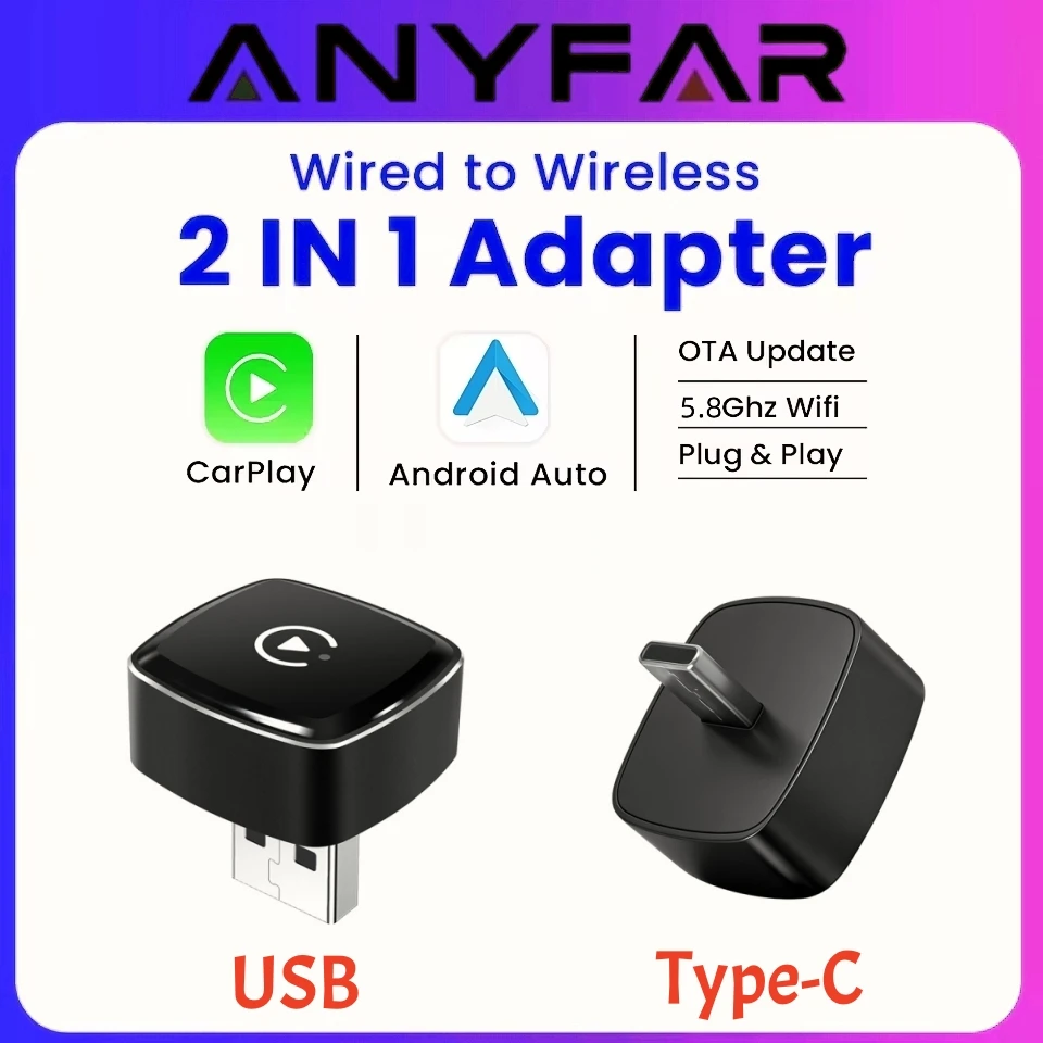 Adaptateur CarPlay sans fil 2-en-1 Anyfar 2026 et adaptateur Android Auto sans fil 5 GHz WiFi USB Type C Plug and Play CarPlay sans fil