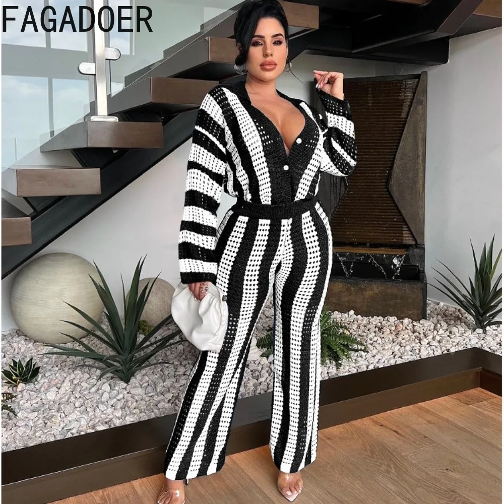 FAGADOER Black Fashion Knitting Hollow Two Piece Sets Women V Neck Long Sleeve Top And Pants Outfit Female Stripe 2pcs Clothing