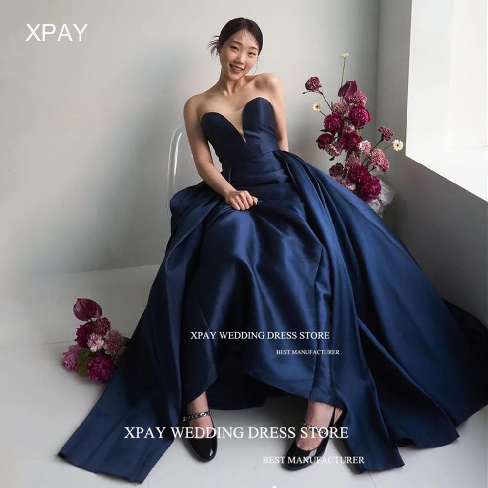 

XPAY Elegant Navy Blue Korea Evening Dress Satin Photo Shoot Wedding Guest Prom Gowns Sweetheart Birthday Formal Occasion Dress