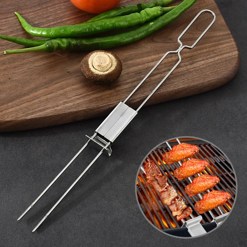 

Stainless Steel Semi-automatic Double-ended Barbecue Fork BBQ Outdoor Camping Picnic Barbecue Tool Portable Barbecue Stick