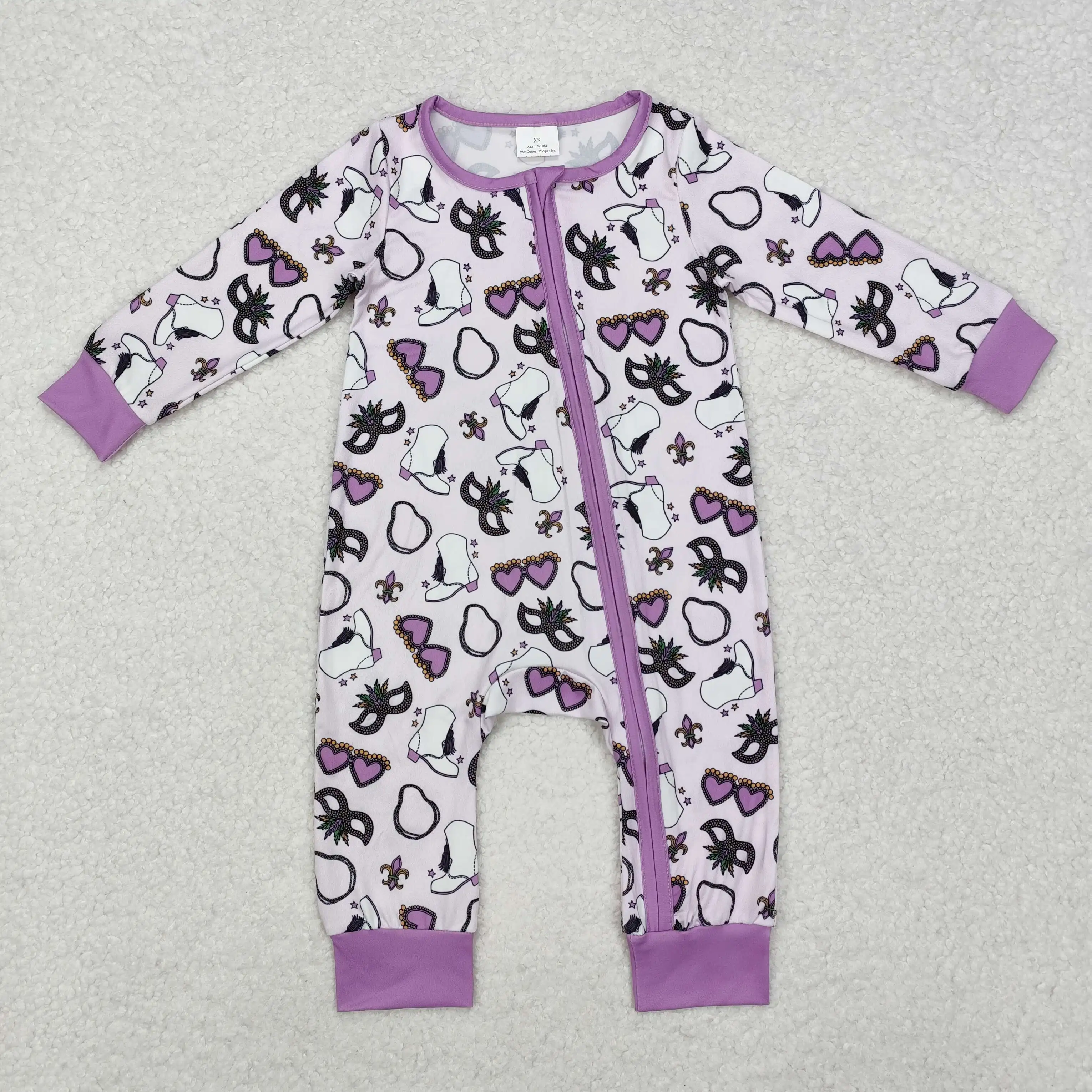 Wholesale Newborn Baby Girl Mardi Gras Clothing Long Sleeves Jumpsuit Kids Children Toddler Spring Fall One-piece Zipper Romper