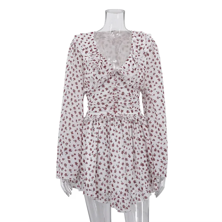 

Women's Digital Printing Temperament Dress V-neck Long-sleeved Ruffle Edge High Waist Strap A-shaped Skirt