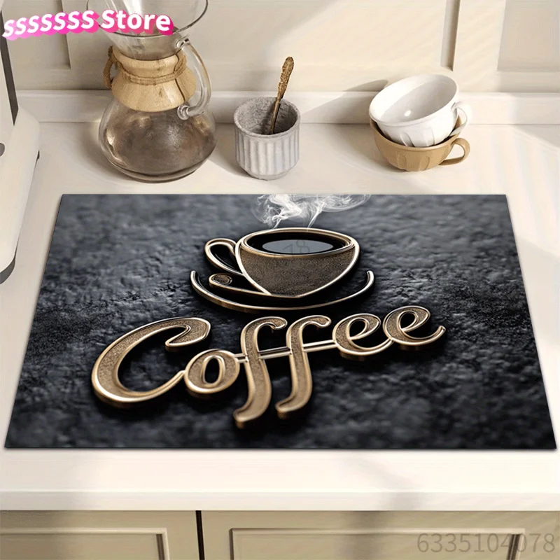 Coffee-Themed Non-Slip Kitchen Drying Mat - Soft Absorbent Quick-Dry Polyester with Stain-Hiding, Rubber Backing for Dishes, Co