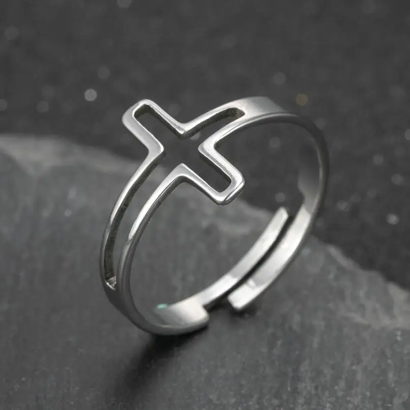 Christian Cross Hollow Stainless Steel Vintage Rings For Women Adjustable Joint Ring Accessories Birthday Party Favors Gift