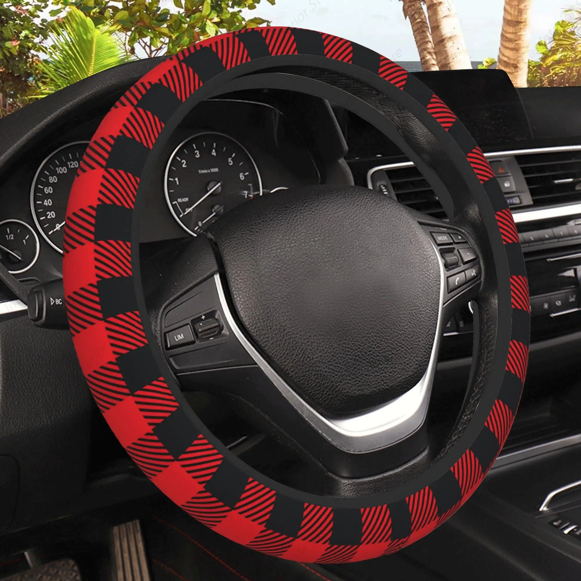 Christmas Buffalo Plaid Steering Wheel Cover, Elastic Non-Slip Steering Wheel Protector,Auto Interior Decor for Women Girls