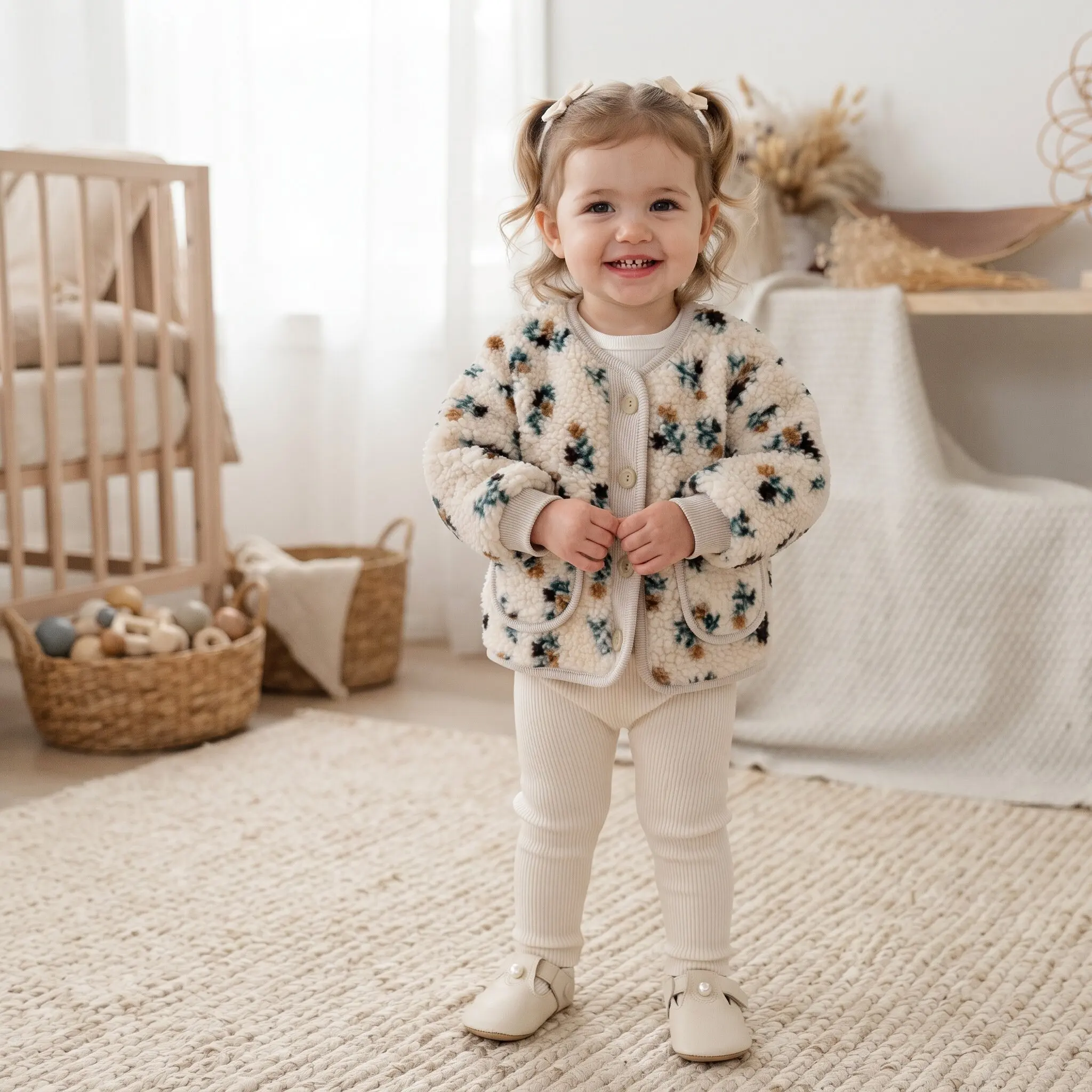 Baby Floral Fleece Jacket, Toddler Girls Vintage Flower Print Teddy Coat, Round Neck Button Front Warm Outerwear with Pockets