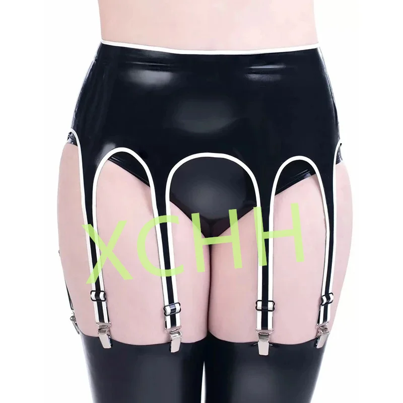 Latex Garter Shorts Catsuit Gummi Rubber Stocking Suspender Black with Pink Trim Back Button Customized 0.4mm (No Briefs)