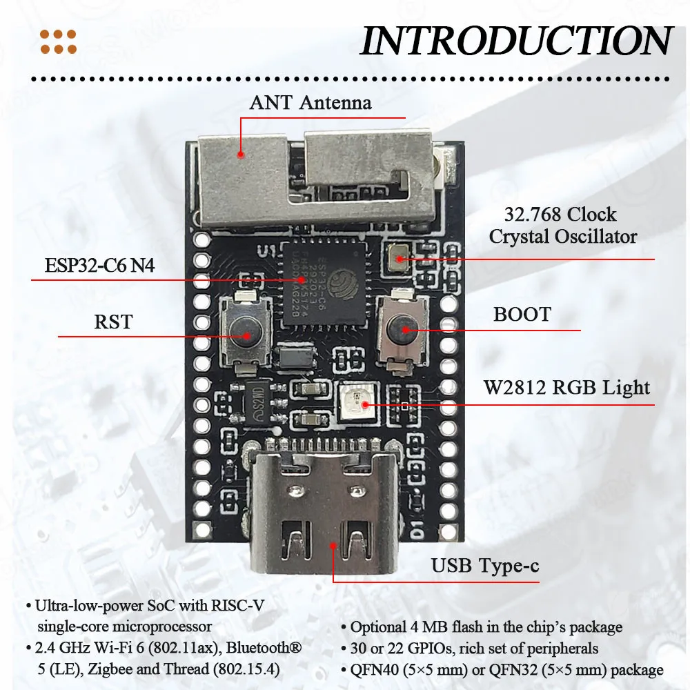 Imagem -03 - Placa de Desenvolvimento do Módulo Wifi Oscilador Cristal Led Rgb Flash 4mb Baixa Potência Risc-v 32 Bits Esp32-c6 n4 bt Wifi6 c6