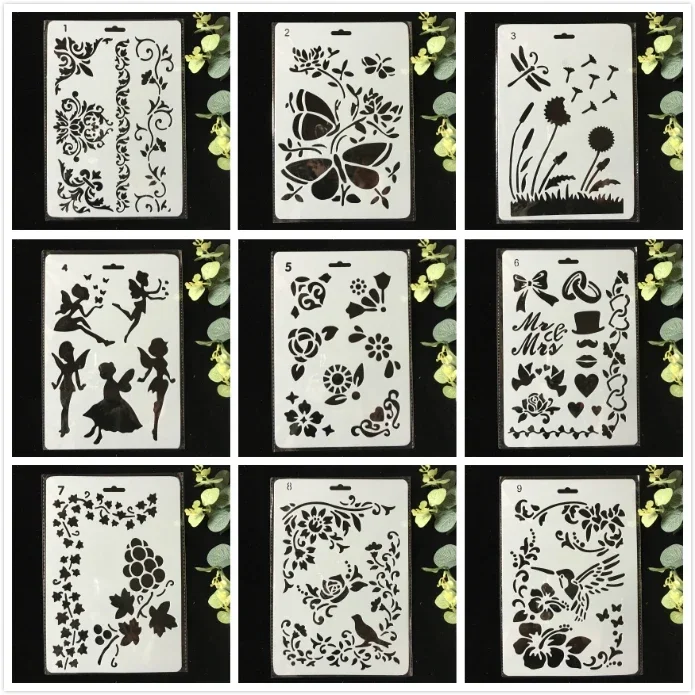 9Pcs/Pack 27cm Butterfly Fairy Flower DIY Layering Stencils Wall Painting Scrapbook Coloring Embossing Album Decorative Template