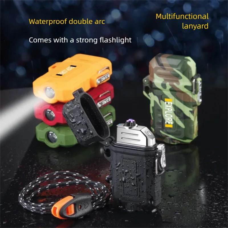 Outdoor Windproof Dual Arc Lighter - Waterproof Camouflage Design + Built-in Flashlight Portable Igniter
