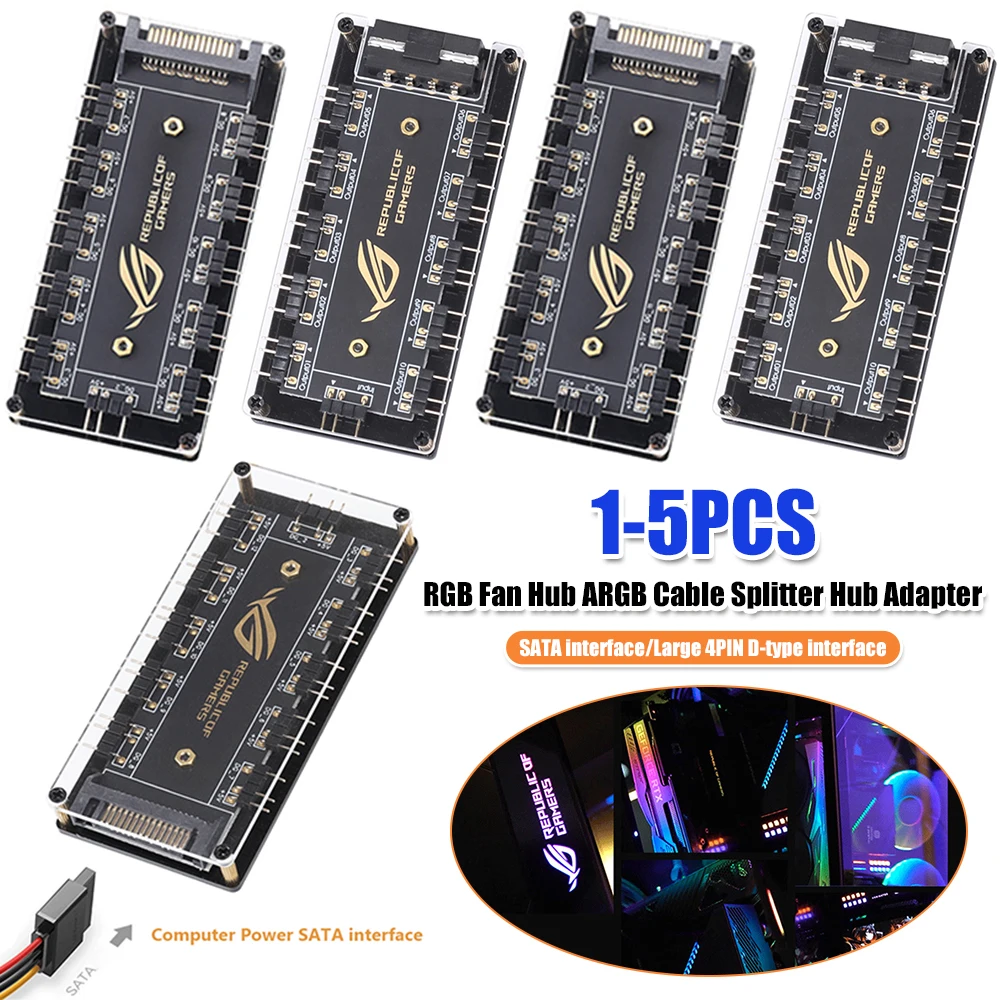 RGB Fan Hub ARGB Cable Splitter Hub Adapter Computer Desktop PC Accessories 10-in-1 for ASRock Motherboard