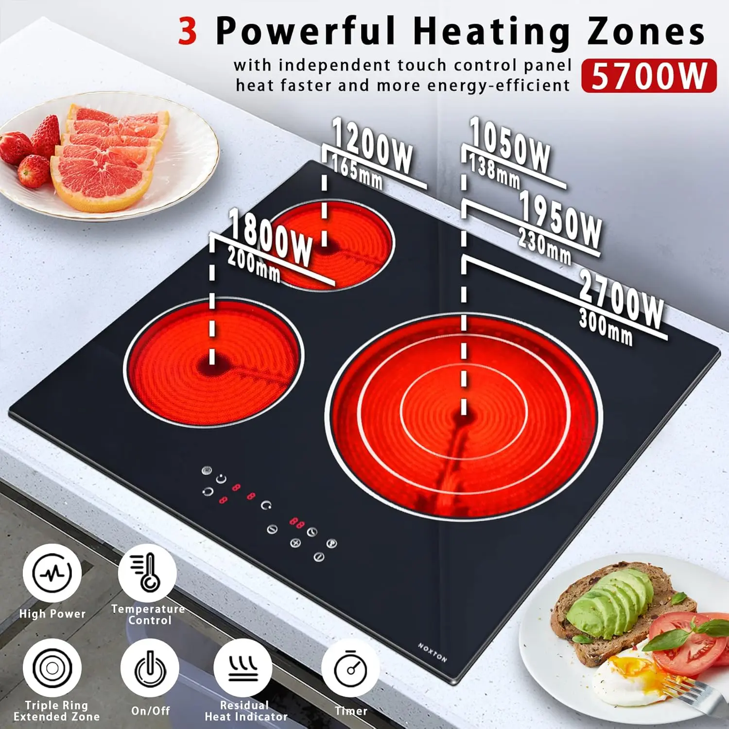 NOXTON Ceramic Hob 3 Zones, Built-in 60CM, 5700W, Expandable Zone, Touch control, 9 Power Levels, 99MinsTimer, No Plug, 220-240V