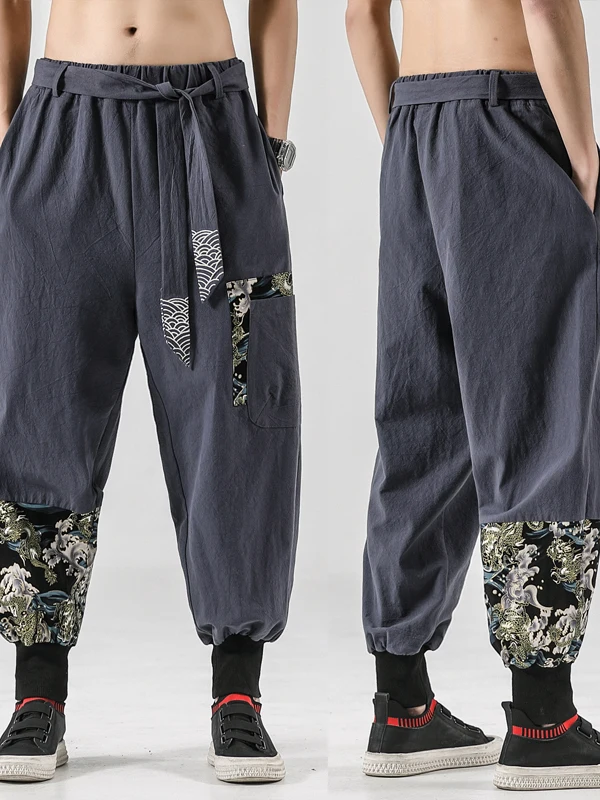 

Loose Fit Linen Cotton Embroidered Kung Fu Casual Pants Men's Lantern Style Workwear Youthful Breathable Summer Trousers