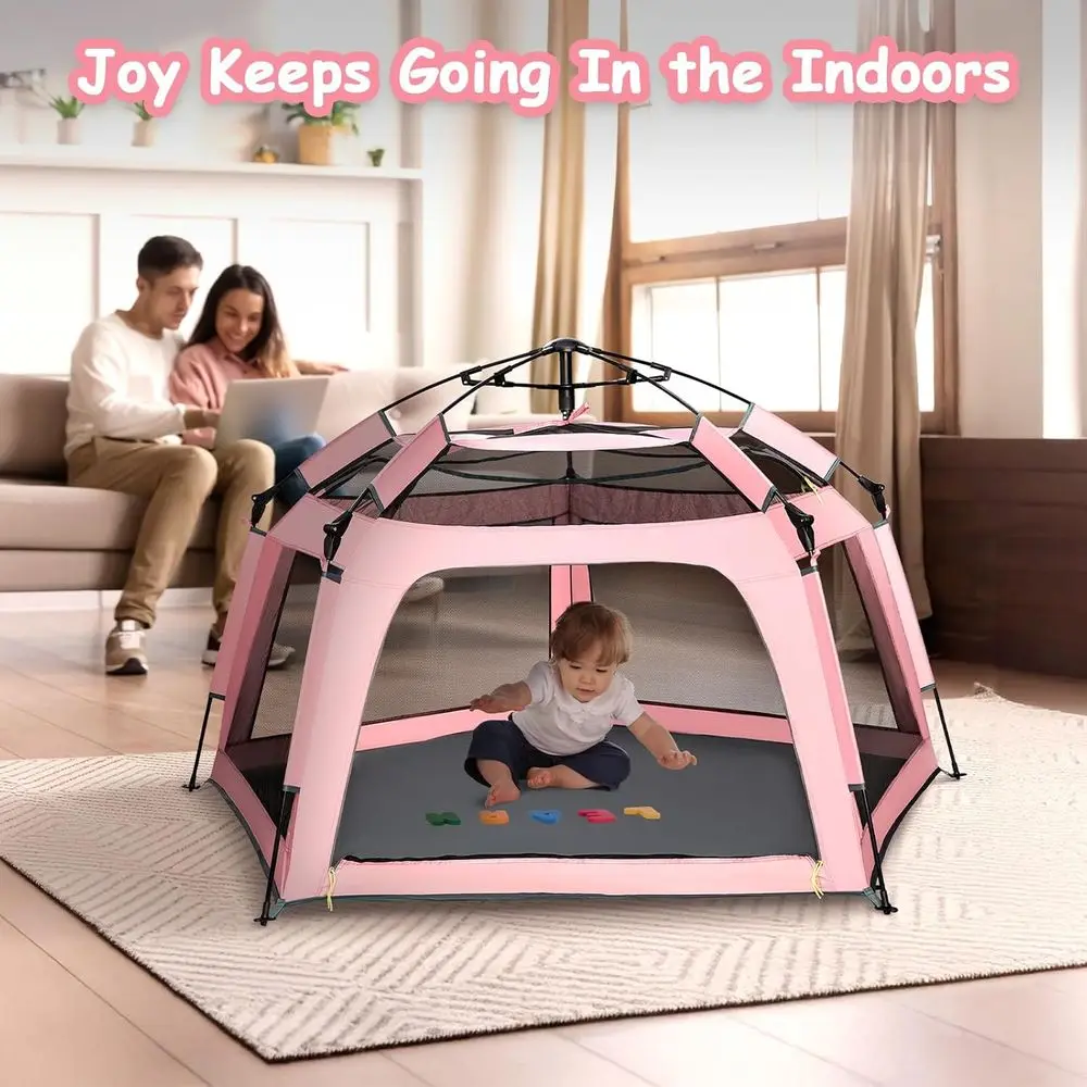 ポータブルピンクプレイペンテント - ビーチ、旅行、幼児向けのキャノピー付き屋内外プレイエリア