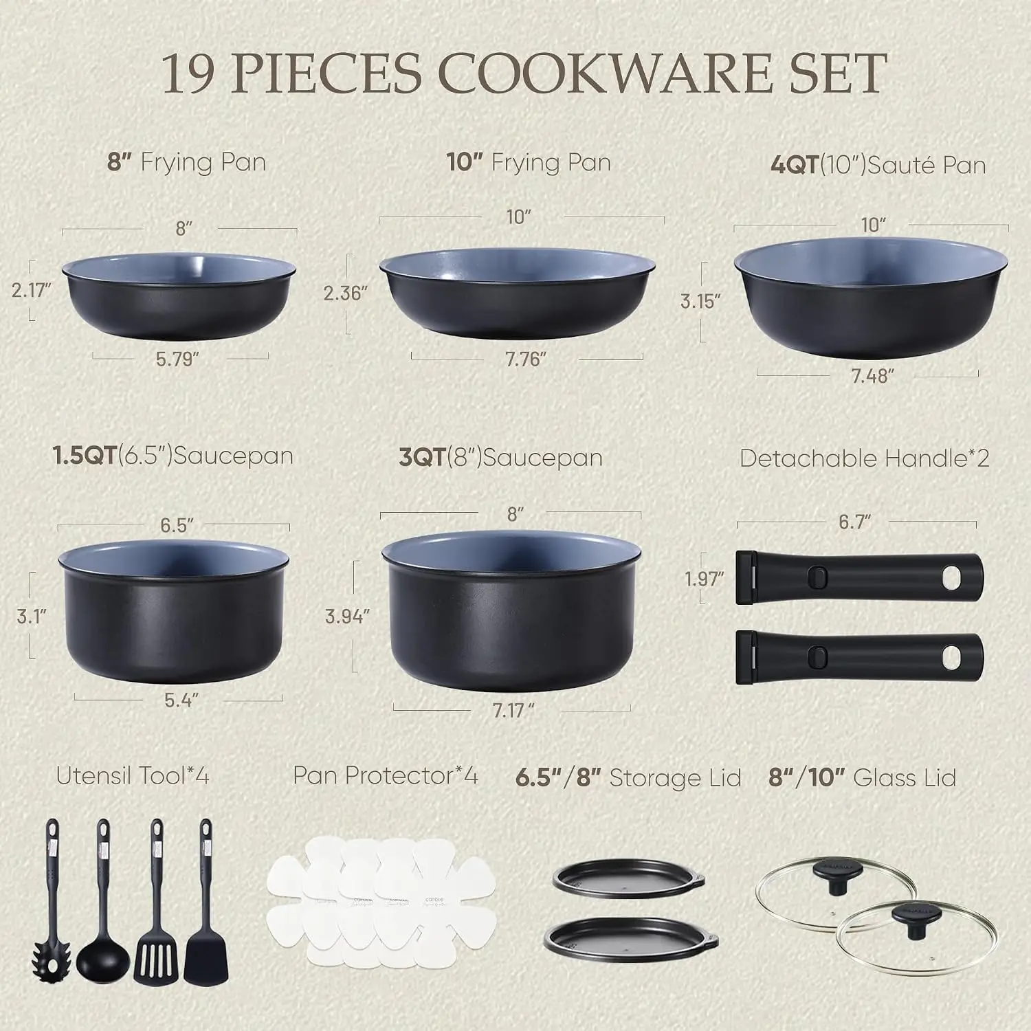 19pcs Ceramic Cookware Set Detachable Handle,Pots and Pans Non Stick | Kitchen Cooking Sets, Space Saving, Dishwasher & Oven