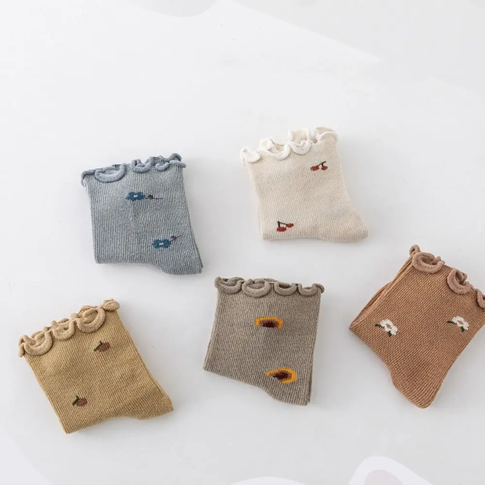 5Pairs Soft Flower Baby Cotton Socks Breathable Pleated Toddle Short Tube Socks Cute Autumn Spring Cartoon Socks Children